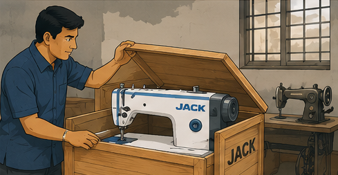 M Fazle Karim opens a crate revealing his first Jack sewing machine